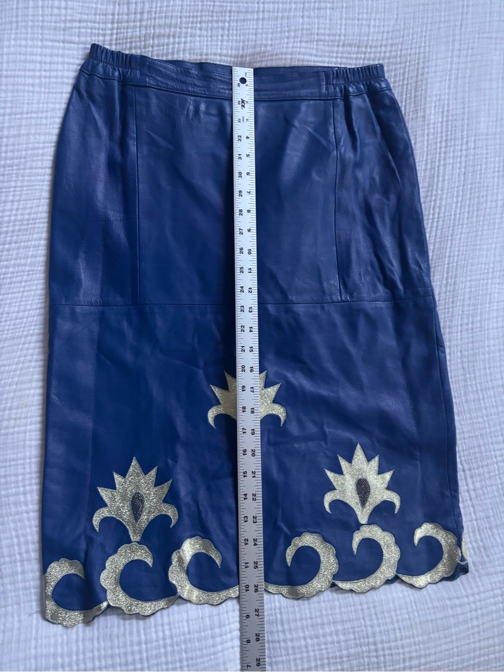 Vintage Blue Leather Skirt and Jacket Set with Gold Appliqué - Picture 13 of 16